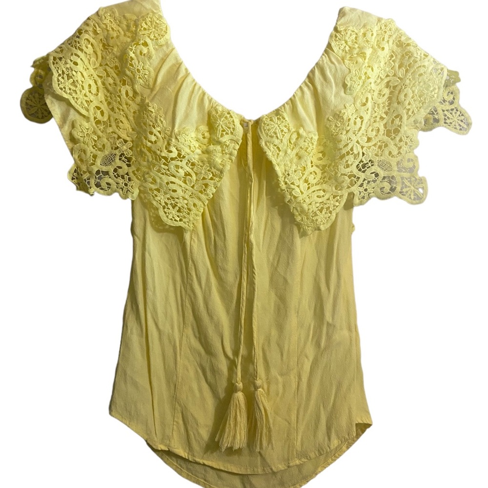 Yellow vintage boho cottage country off shoulder lace peasant side zip Top small